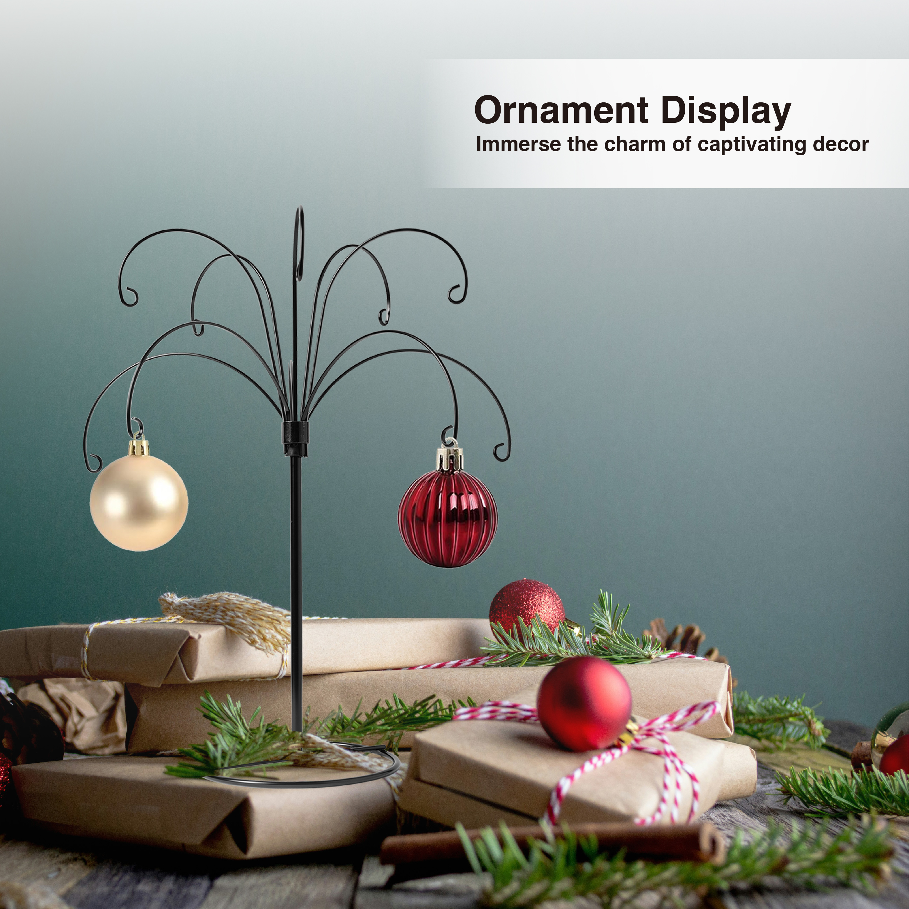 HOHIYA 2-Piece Ornament Display Stand 13.5 Inch Black Heavy Duty Wire Hanging Holder Max Load 1.5 lbs for  Glass Baubles and Easter Eggs Sturdy Metal Display Stand